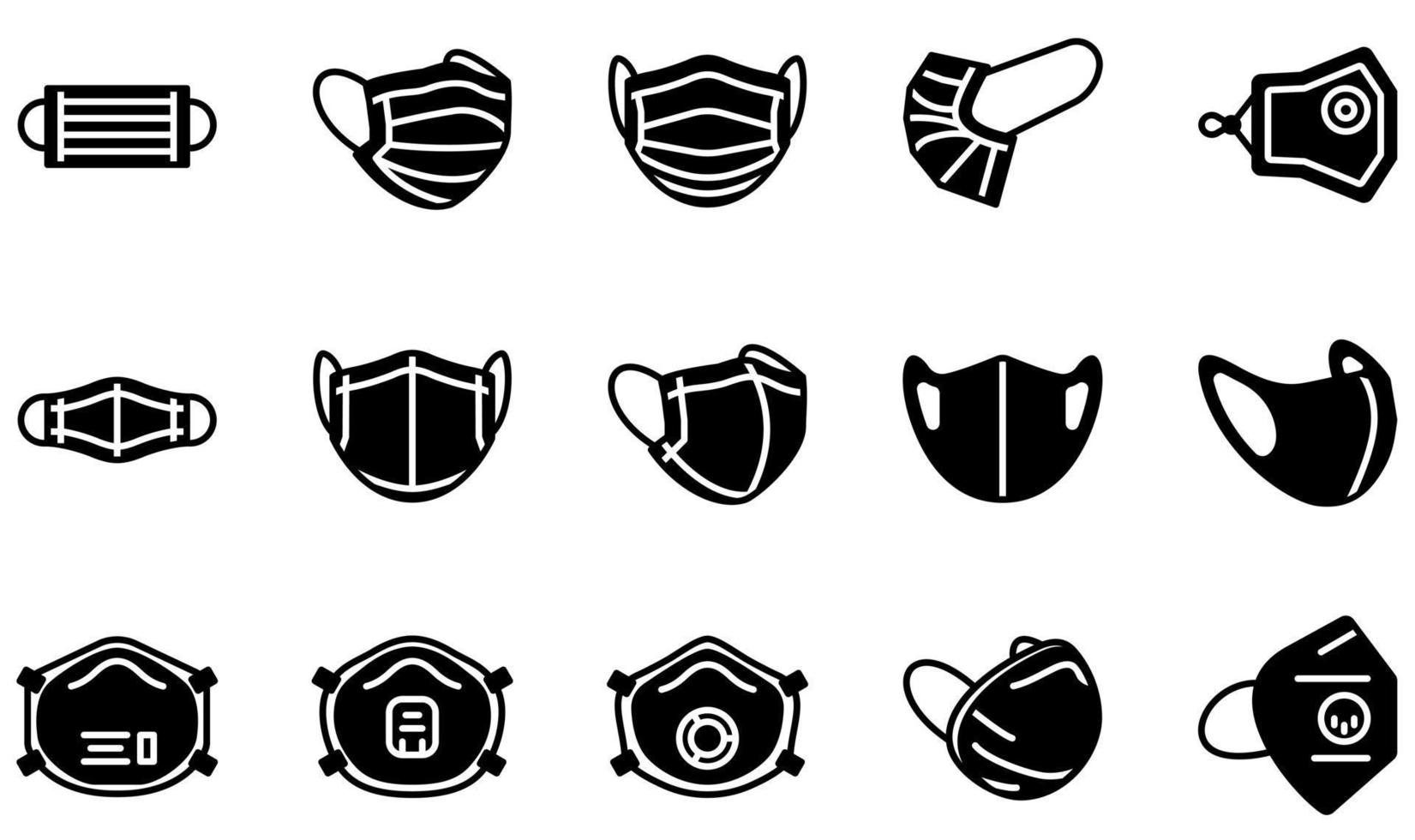 Set of Vector Icons Related to Protective Face Mask. Contains such Icons as Medical Mask, Cloth Mask, Sponge Mask, Respirator Mask, Face Mask, Mask and more.