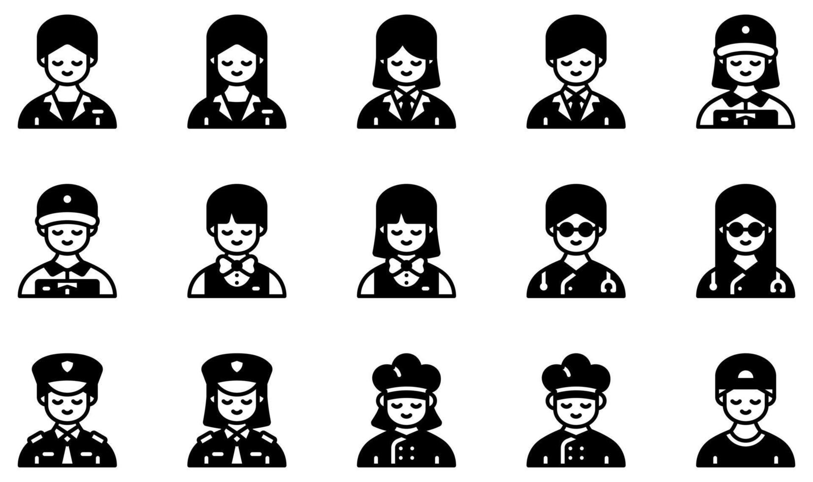 conjunto de iconos vectoriales relacionados con avatares. contiene íconos como recepción, mujer de negocios, cantinero, médico, policía, chef y más. vector