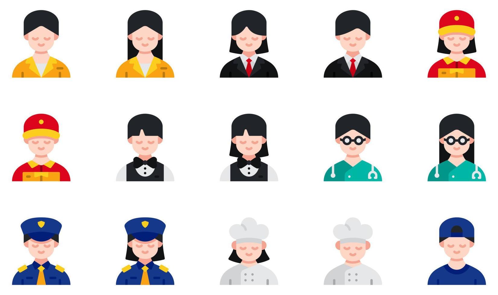 conjunto de iconos vectoriales relacionados con avatares. contiene íconos como recepción, mujer de negocios, cantinero, médico, policía, chef y más. vector