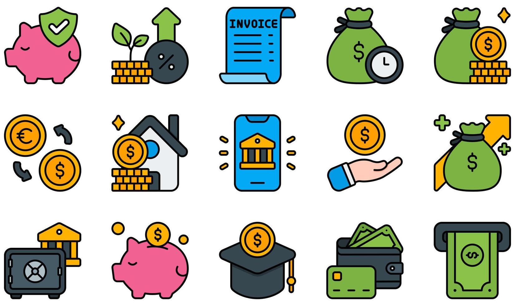 Set of Vector Icons Related to Banking. Contains such Icons as Insurance, Interest, Invoice, Loan, Money, Savings and more.