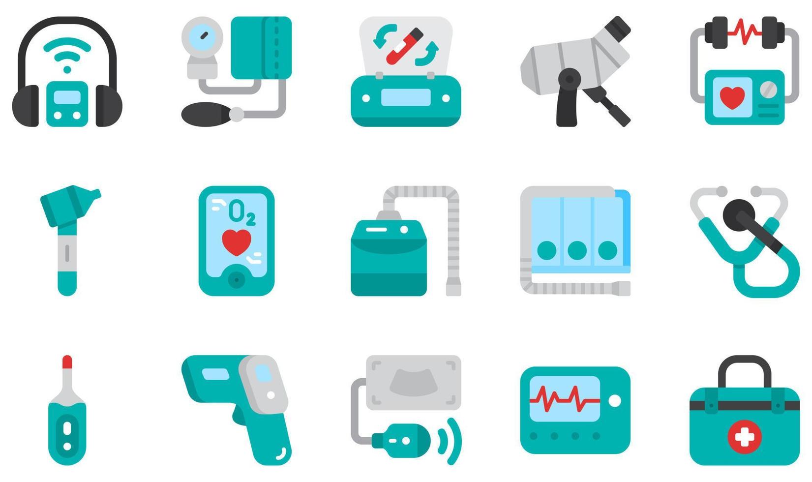 Set of Vector Icons Related to Medical Equipment. Contains such Icons as Audiometer, Blood Pressure, Centrifuge, Colposcope, Defibrillator, Otoscope and more.