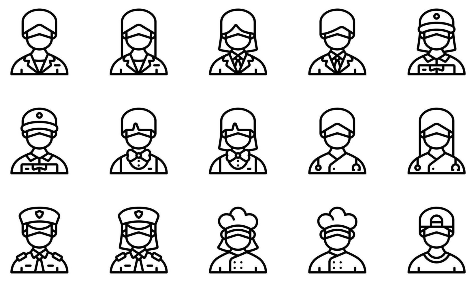 conjunto de iconos vectoriales relacionados con avatares con máscaras médicas. contiene íconos como recepción, hombre de negocios, repartidor, cantinero, médico, policía y más. vector