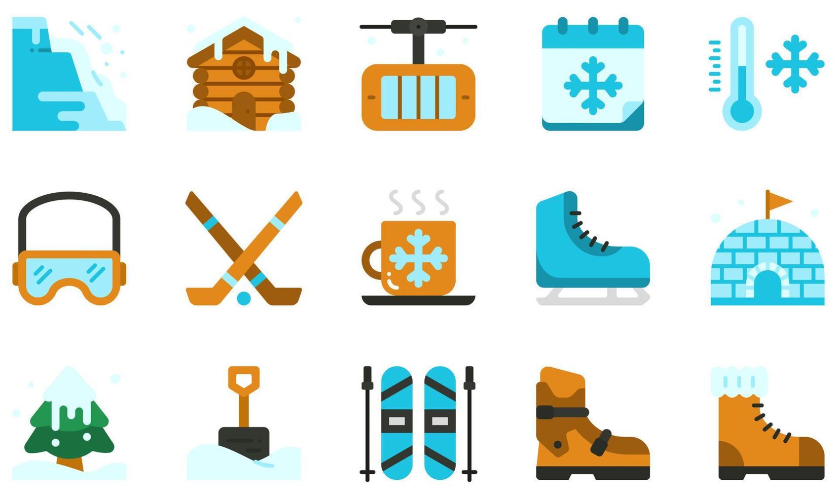 conjunto de iconos vectoriales relacionados con el invierno. contiene íconos como avalancha, cabina, hockey, patinaje sobre hielo, iglú, esquí y más. vector