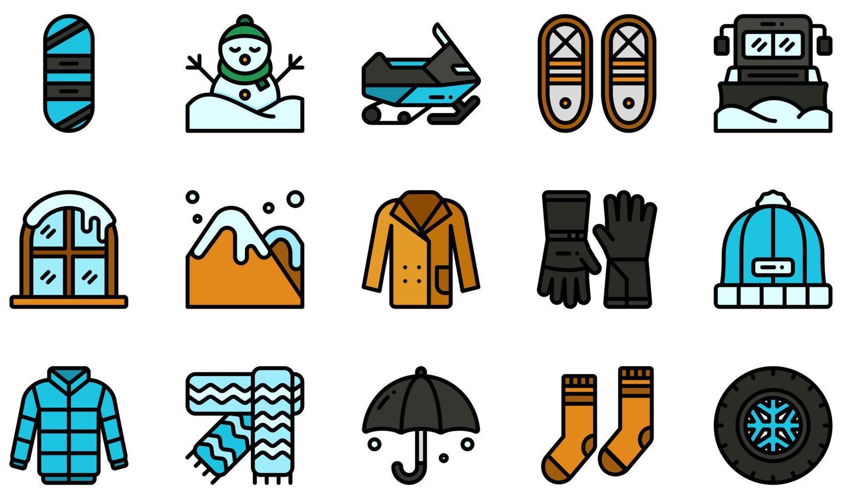 Set of Vector Icons Related to Winter. Contains such Icons as Snowboard, Snowshoes, Truck, Winter, Winter Gloves, Winter Scarf and more.