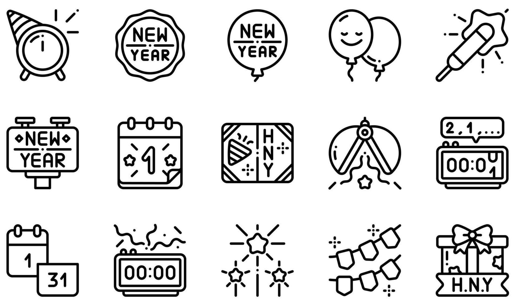 conjunto de iconos vectoriales relacionados con el año nuevo. contiene íconos como insignia, globo, calendario, tarjeta, cuenta regresiva, fuegos artificiales y más. vector