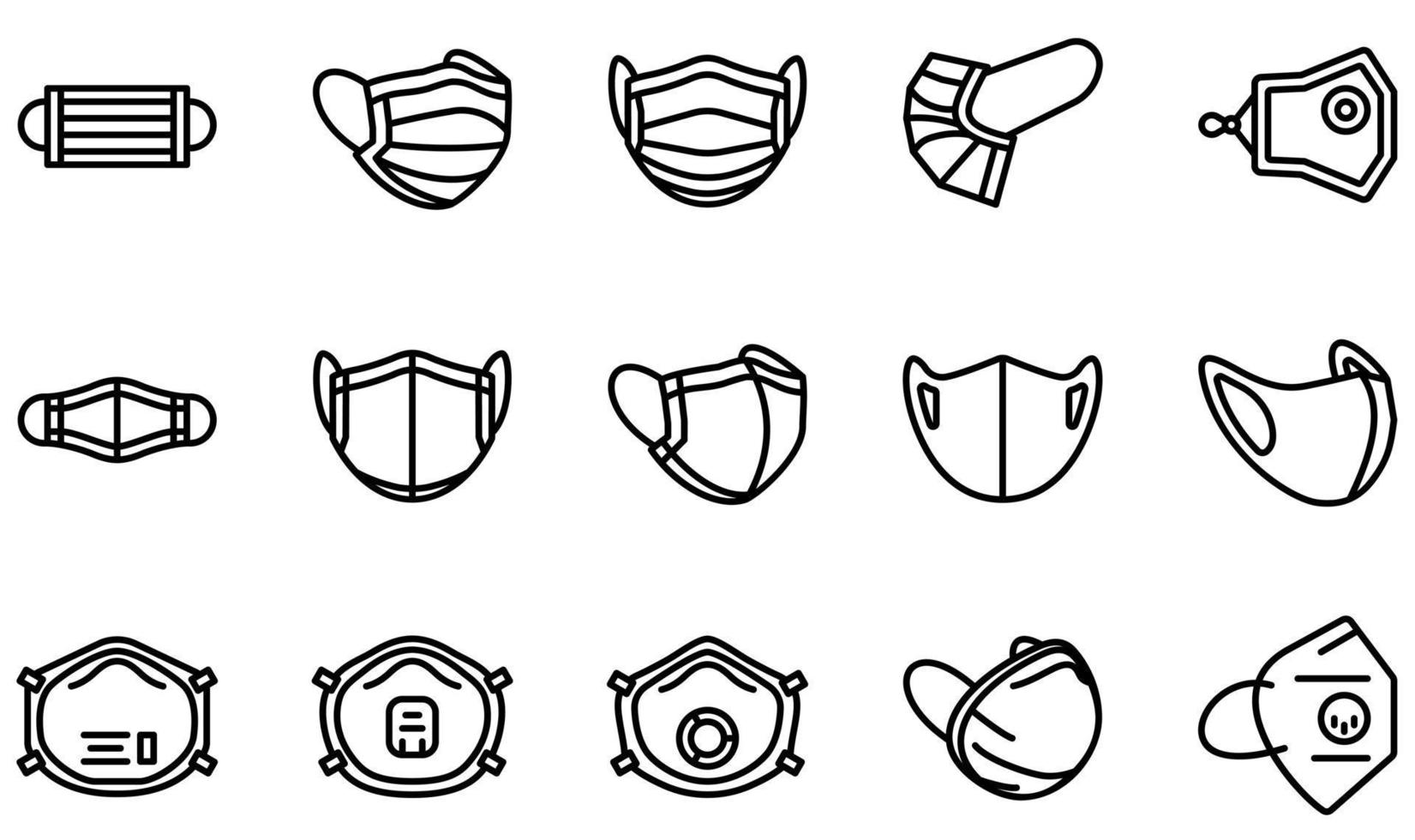 Set of Vector Icons Related to Protective Face Mask. Contains such Icons as Medical Mask, Cloth Mask, Sponge Mask, Respirator Mask, Face Mask, Mask and more.