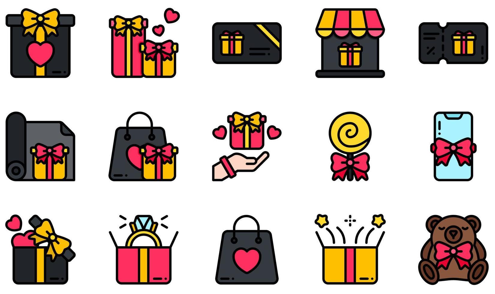 conjunto de iconos vectoriales relacionados con el regalo. contiene íconos como caja de regalo, tarjeta de regalo, vale de regalo, piruleta, teléfono móvil, anillo y más. vector