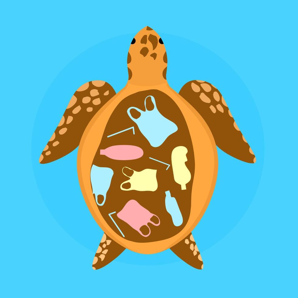 Vector illustration of a big turtle eating plastic trash, bottles and straws. The entrails of the turtle are full of garbage. Stop littering in the sea.