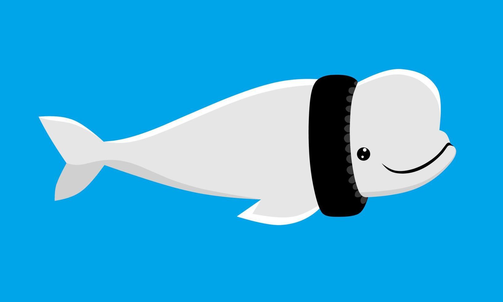 Beluga, tire necklace. Whale swimming in the sea polluted with garbage. Vector illustration.