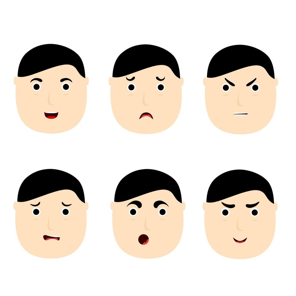 Vector illustration of fat man head emoticon with various facial expressions. Easy to modify. Isolated on a white background. great for animation.