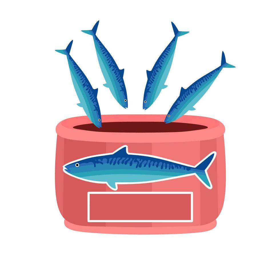 Vector illustration of canned Atlantic mackerel fish icon. Tin packaging template with blank writing space. On a white background.