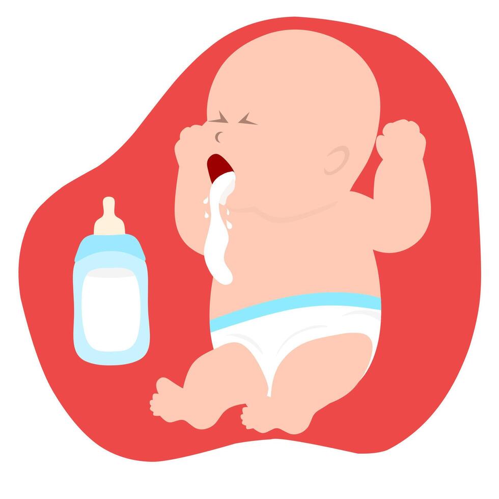 Little baby vomits milk. A cute boy spews milk from his mouth. Vector illustration.