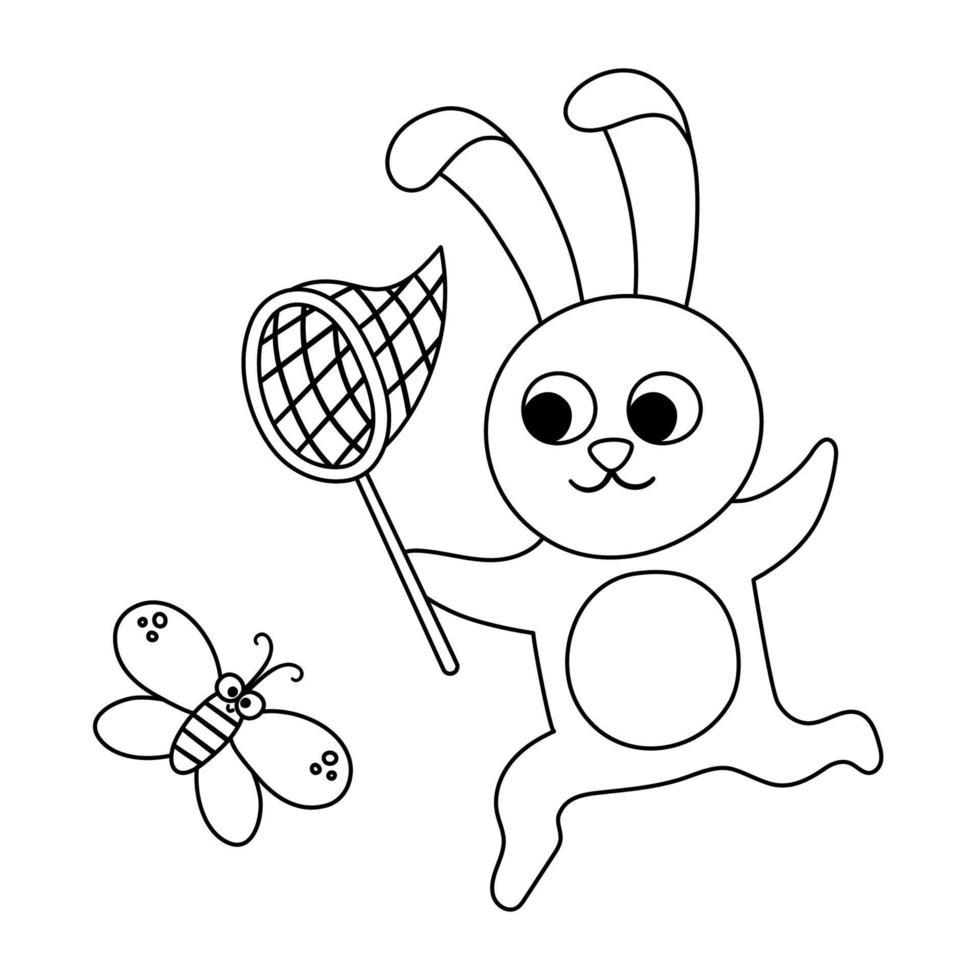 Liebre vectorial en blanco y negro atrapando una mariposa con una red. divertido animal del bosque. linda ilustración de contorno de bosque para niños aislados en fondo blanco. icono de línea de conejo juguetón vector