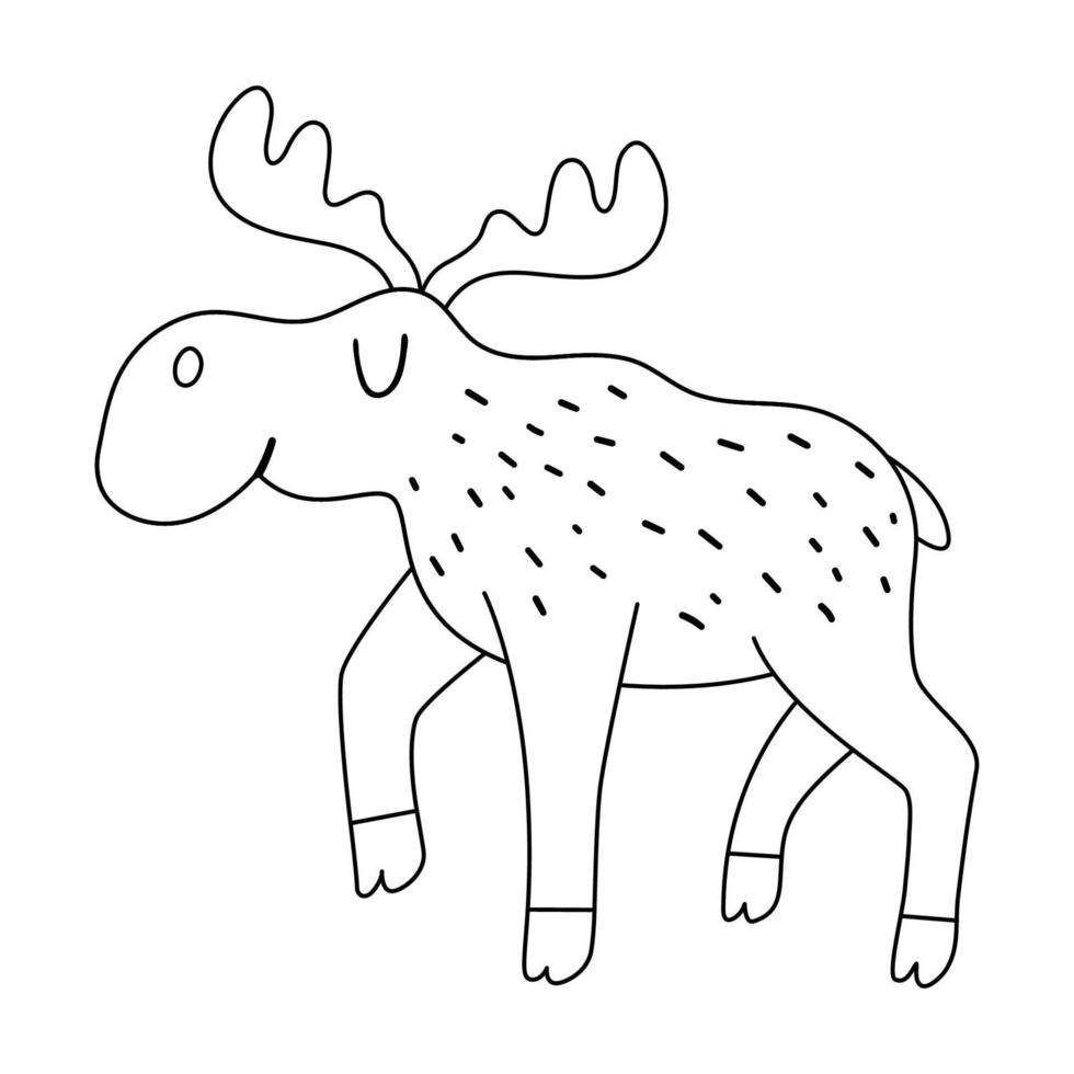 Vector black and white moose. Funny woodland animal. Cute forest line illustration for kids isolated on white background. Adorable outline walking elk icon