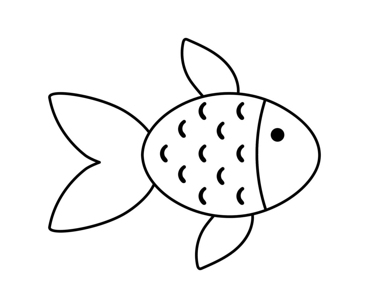 Vector black and white goldfish. Funny orange fish outline icon. Cute sea or ocean animal line illustration for kids isolated on white background.