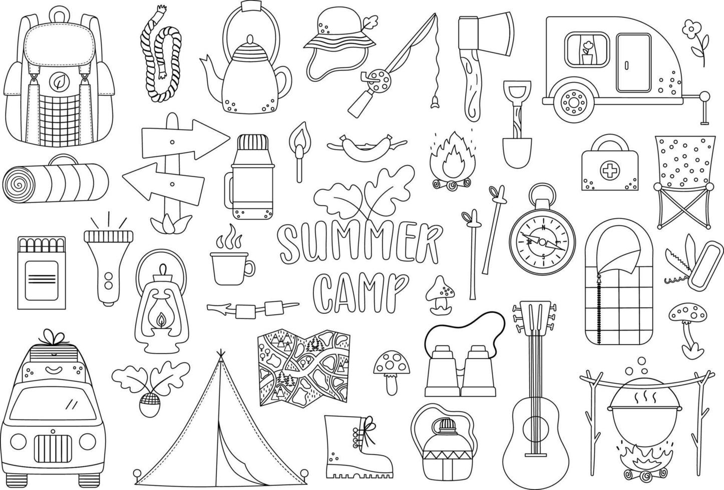 conjunto de campamento de verano vectorial en blanco y negro. camping, senderismo, recogida de material de pesca. paquete de iconos de esquema de turismo de naturaleza al aire libre con mochila, furgoneta, barra, ropa, chimenea, saco de dormir. vector