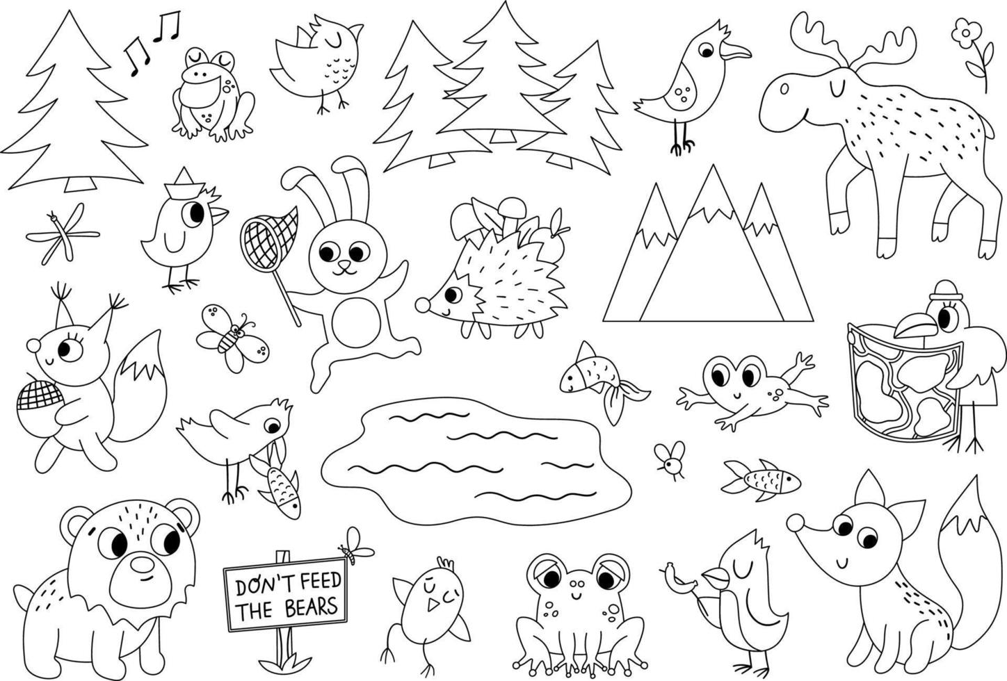 Vector black and white forest animals, insects and birds set. Funny woodland campfire outline icons collection. Cute forest line illustration for kids with mountains, trees, moose, frog, bear.