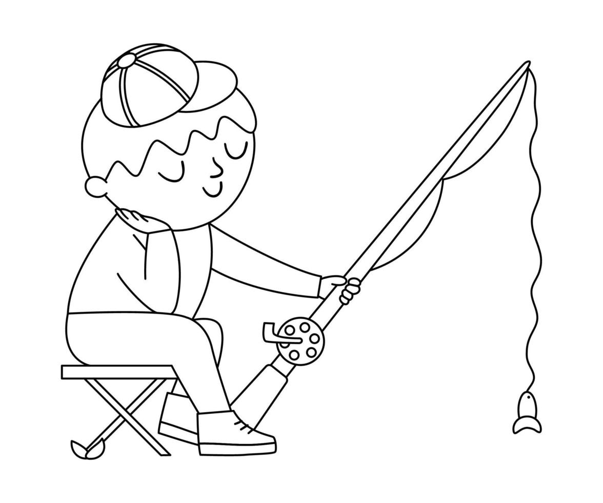 Vector black and white boy sitting on a folding chair and fishing. Outline campfire activity scene with cute kid and rod. Traveler isolated on white background. Summer camp tourist icon.