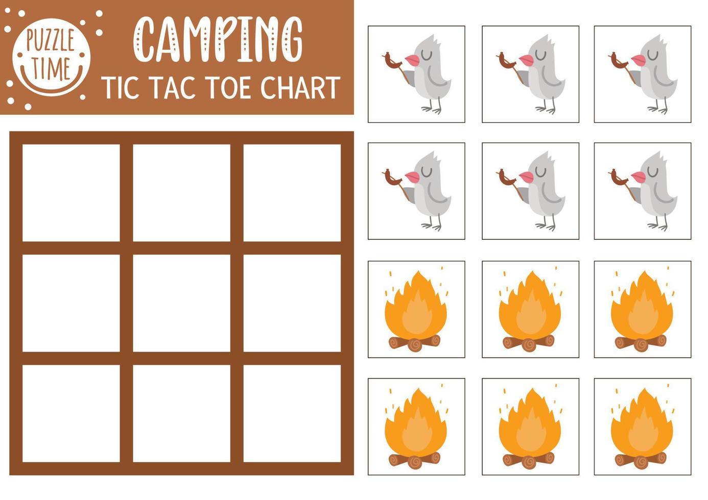 vector bosque tic tac toe gráfico con lindo pájaro y fuego. campo de juego del juego de mesa del bosque con salchichas para freír animales. divertida hoja de trabajo imprimible para niños. Cuadrícula de tres en raya para acampar