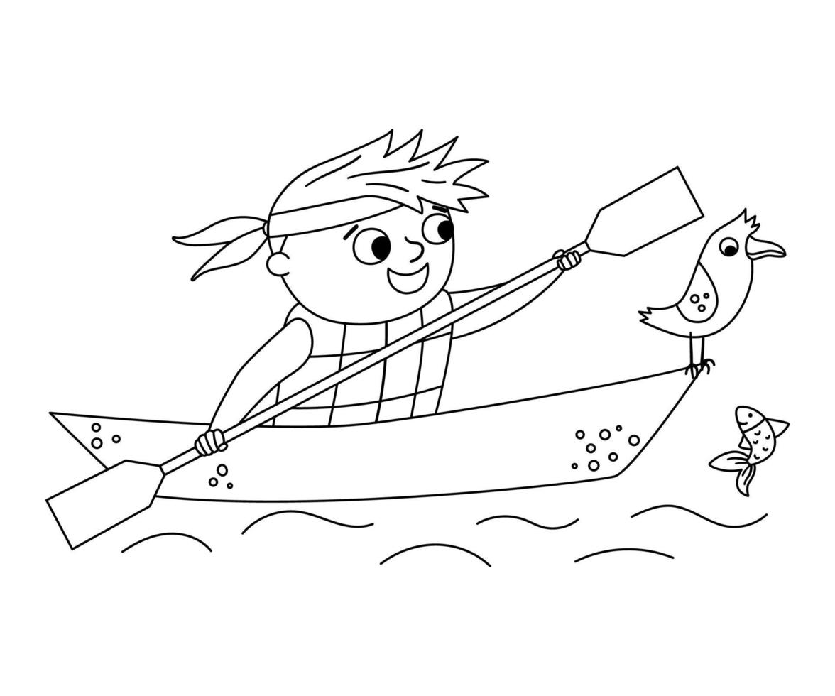 Vector black and white kayaking boy. Campfire line rafting scene with cute kid in a boat with paddle and seagull. Outdoor water activity or summer camp tourist or traveler outline icon.