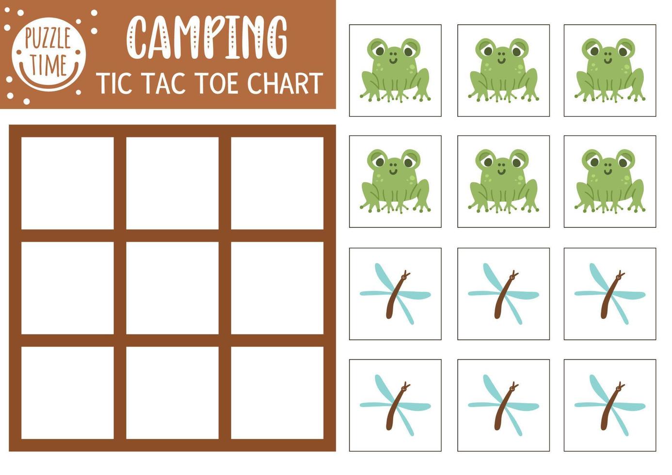 Gráfico de tic tac toe de bosque vectorial con rana linda y libélula. campo de juego de mesa del bosque con animales e insectos. divertida hoja de trabajo imprimible para niños. cuadrícula de ceros y cruces vector