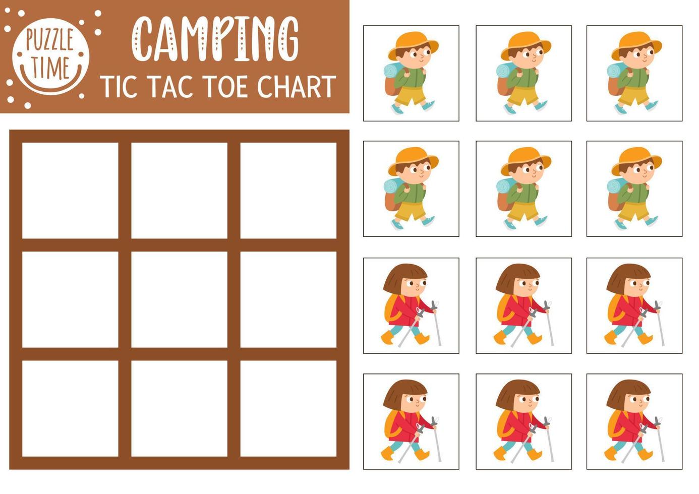 Gráfico de tres en raya del campamento de verano vectorial con lindos niños de senderismo. Woodland juego de mesa campo de juego con niños que caminan. divertida hoja de trabajo imprimible. Cuadrícula de tres en raya para acampar vector