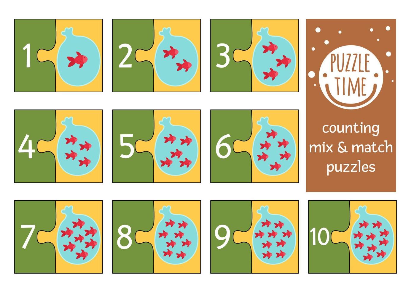 Vector mix and match puzzle with fish in plastic bag with water. Matching math activity for preschool children. Educational printable counting game for kids with cute animals