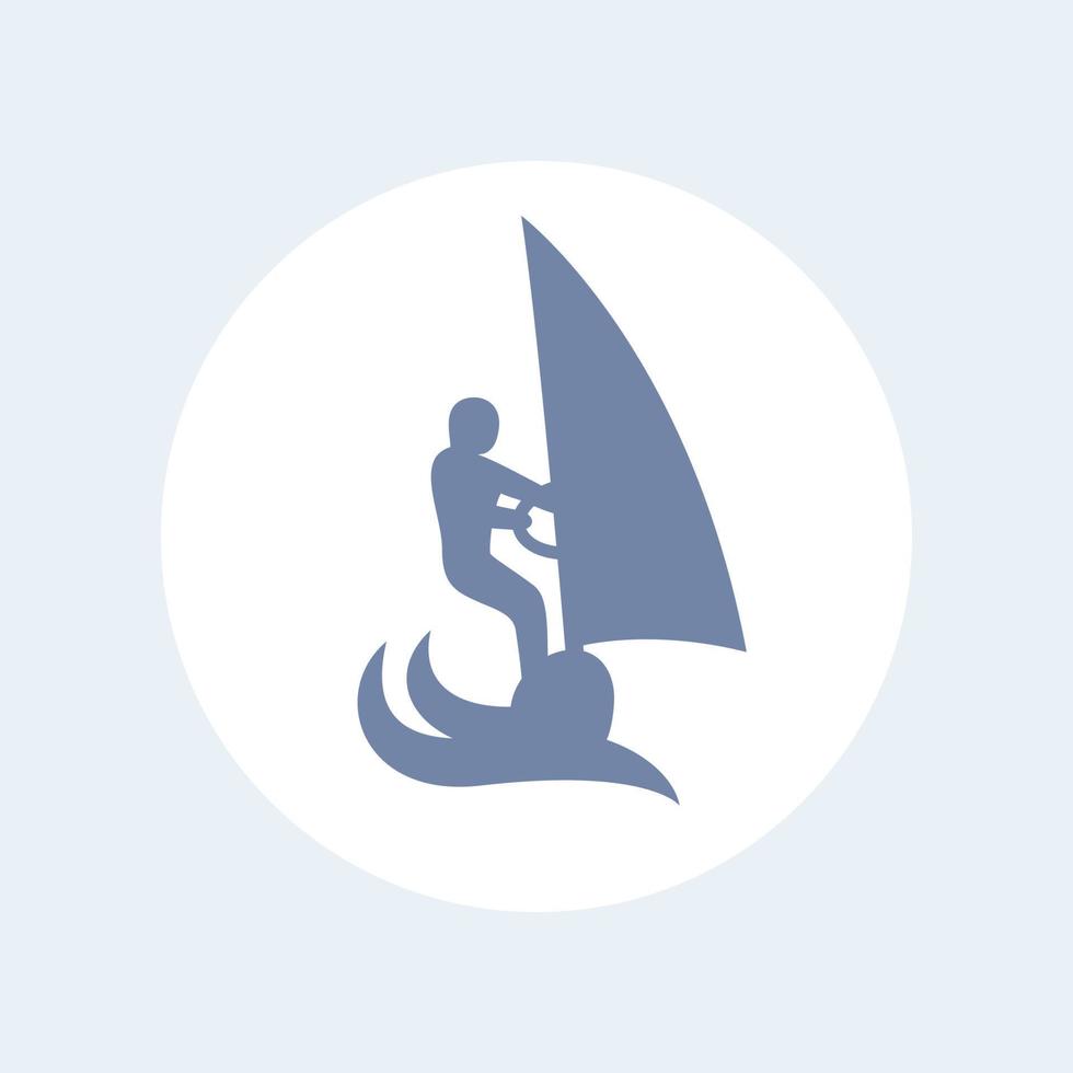 Windsurfing icon, windsurfer vector pictogram, man on board with sail icon isolated on white, vector illustration
