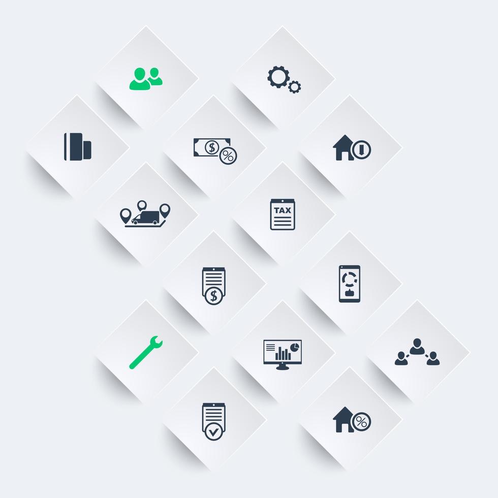 14 finance, costs, tax icons on rhombic shapes, vector illustration