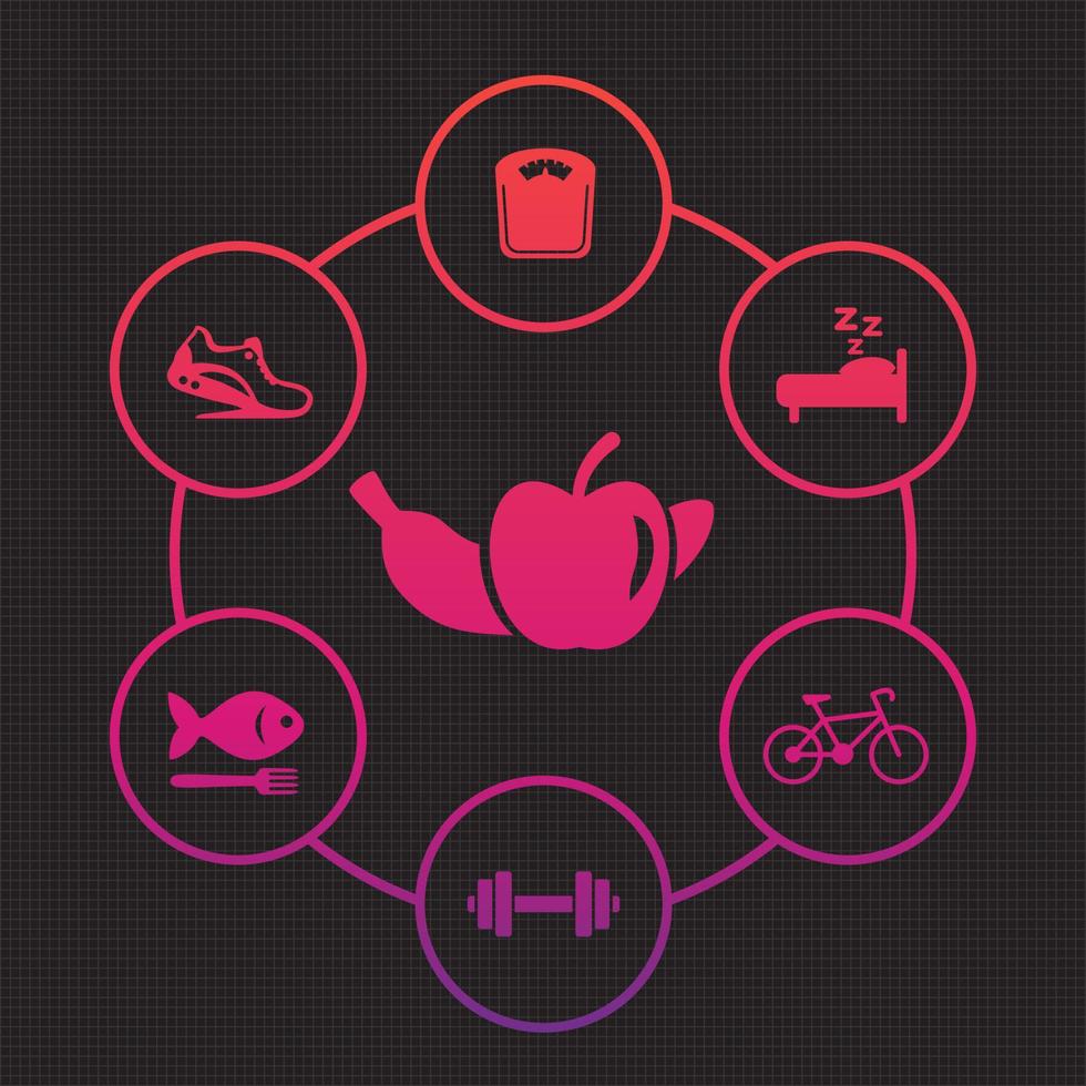 Healthy lifestyle icons set, diet, recreation, fitness activity, jogging, healthy food vector
