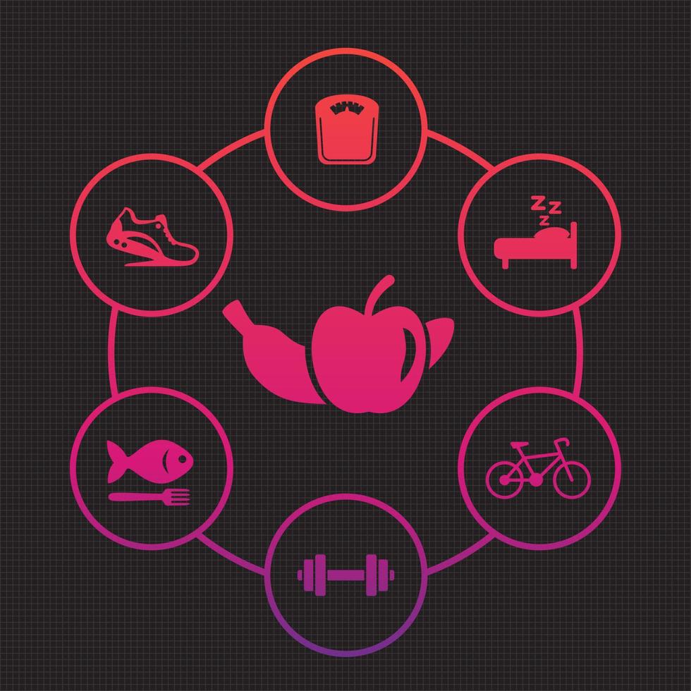 Healthy lifestyle icons set, diet, recreation, fitness activity, jogging, healthy food vector