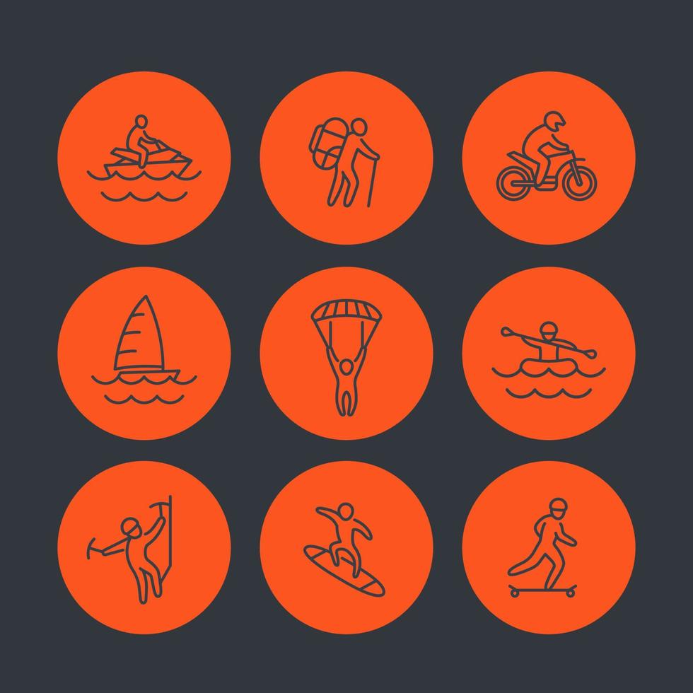 extreme outdoor activities line icons set, rafting, skydiving, alpinism, skateboarding, sailing, motocross, vector illustration