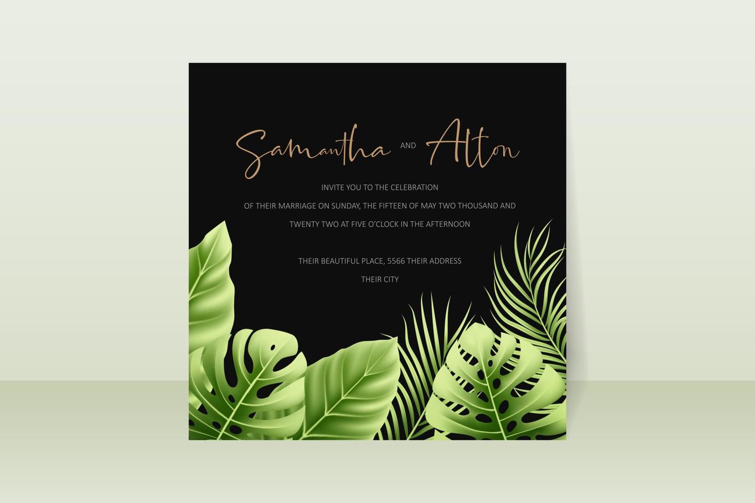Wedding invitation template with realistic tropical summer leaves vector