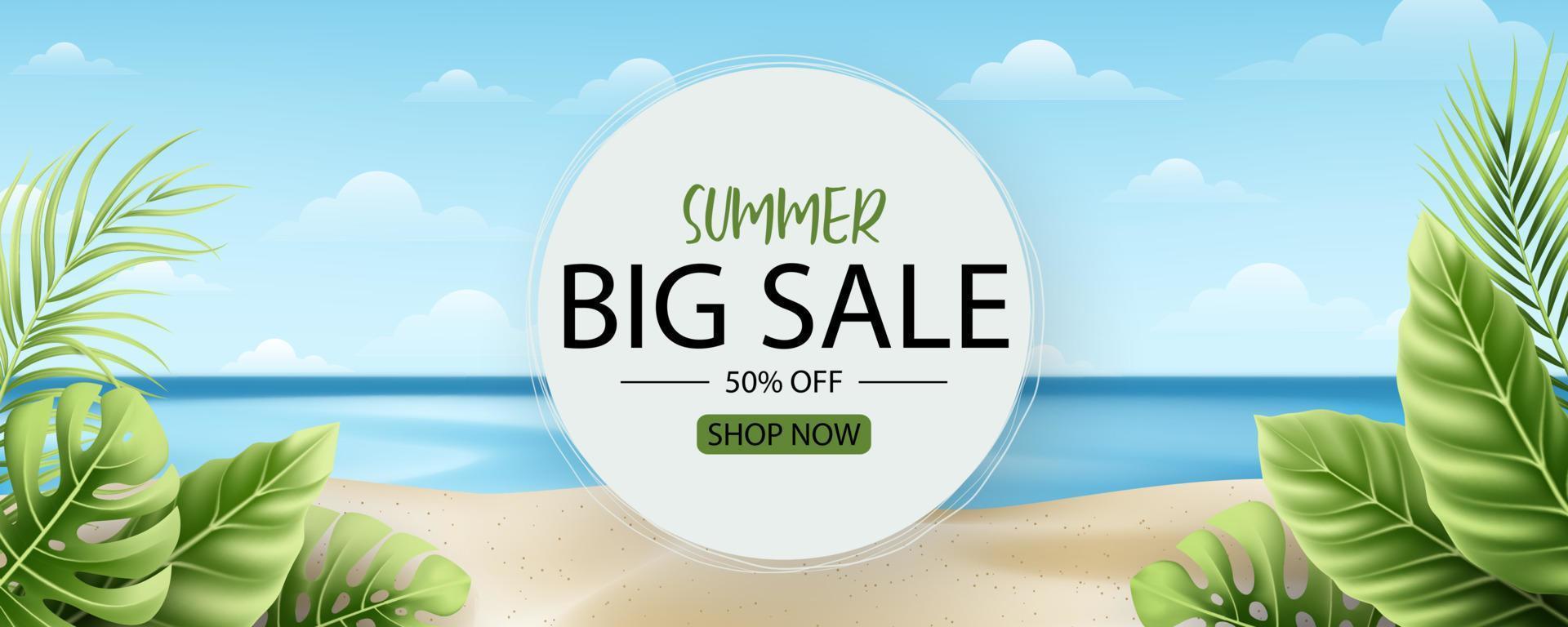 Summer sale banner design with tropical leaves background vector