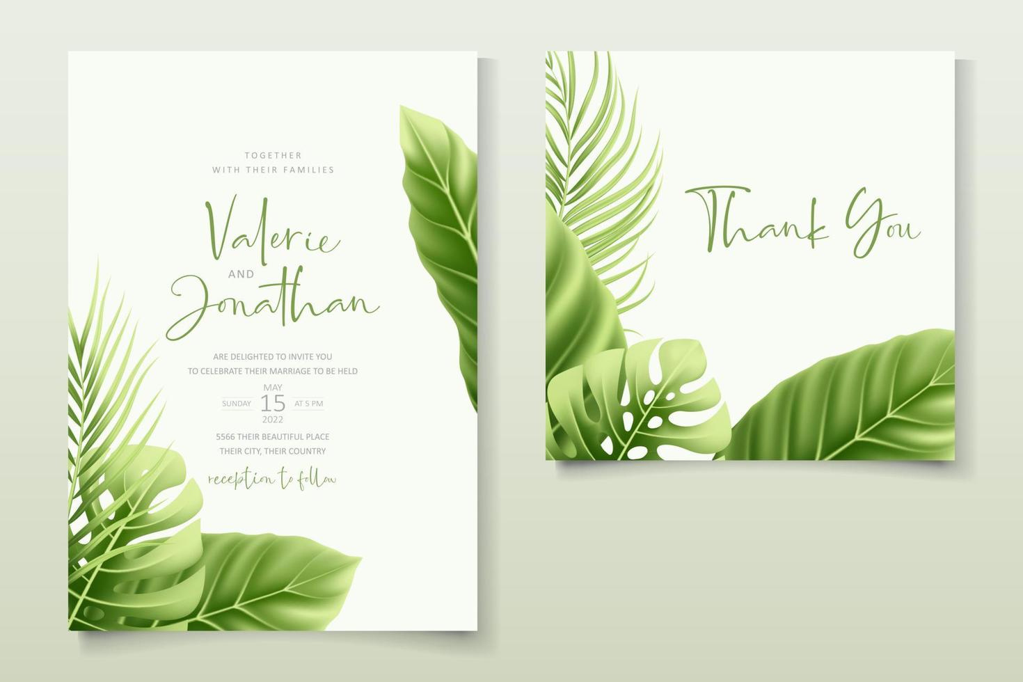 Wedding invitation template with realistic tropical summer leaves vector