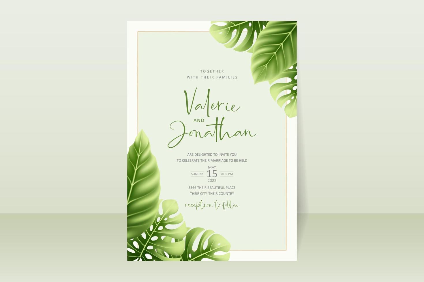 Wedding invitation template with realistic tropical summer leaves vector