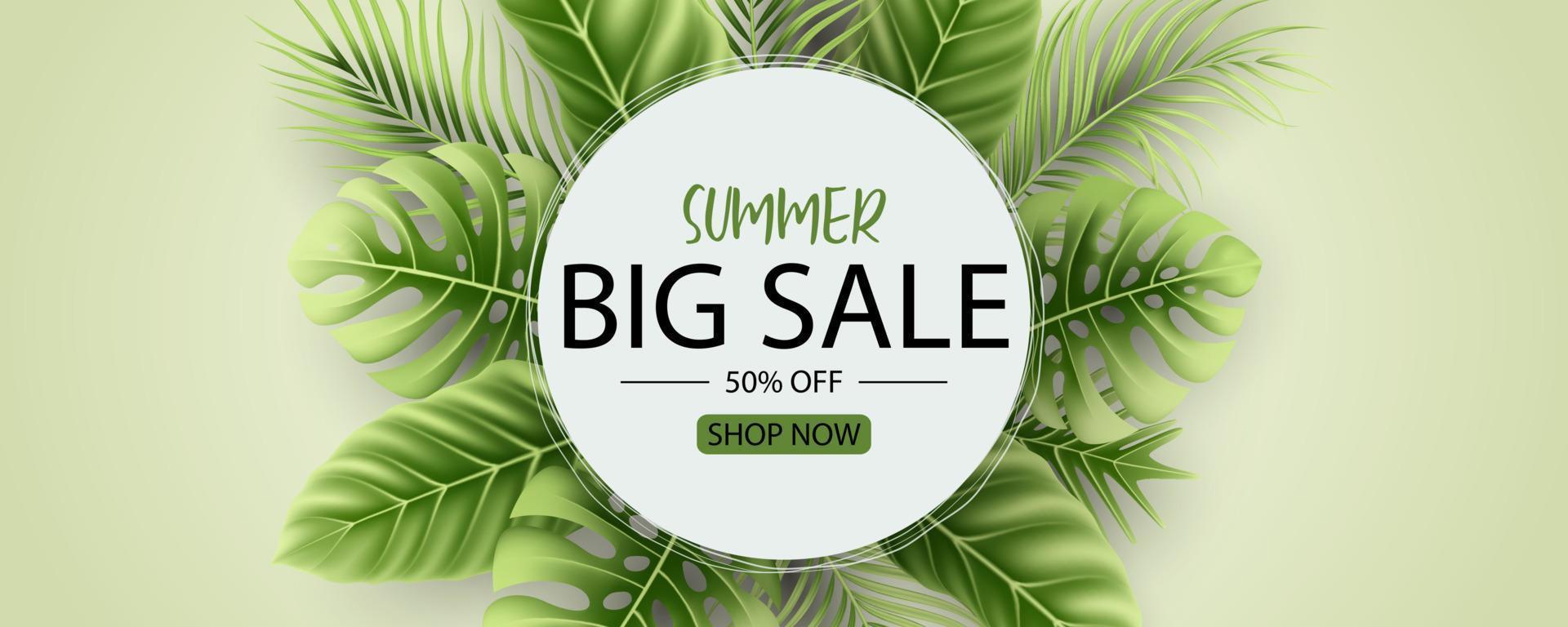 Summer sale banner design with tropical leaves background vector