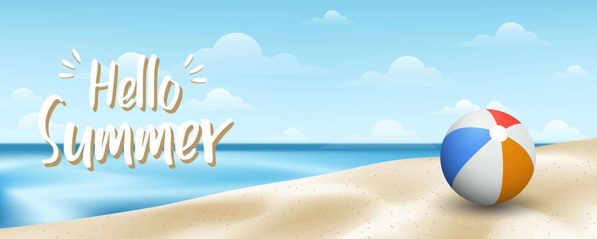 concepto de banner de verano y vacaciones con fondo de pelota de playa y playa vector