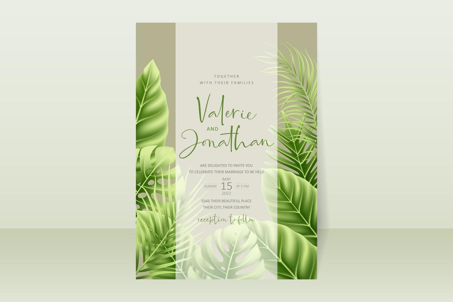 Wedding invitation template with realistic tropical summer leaves vector