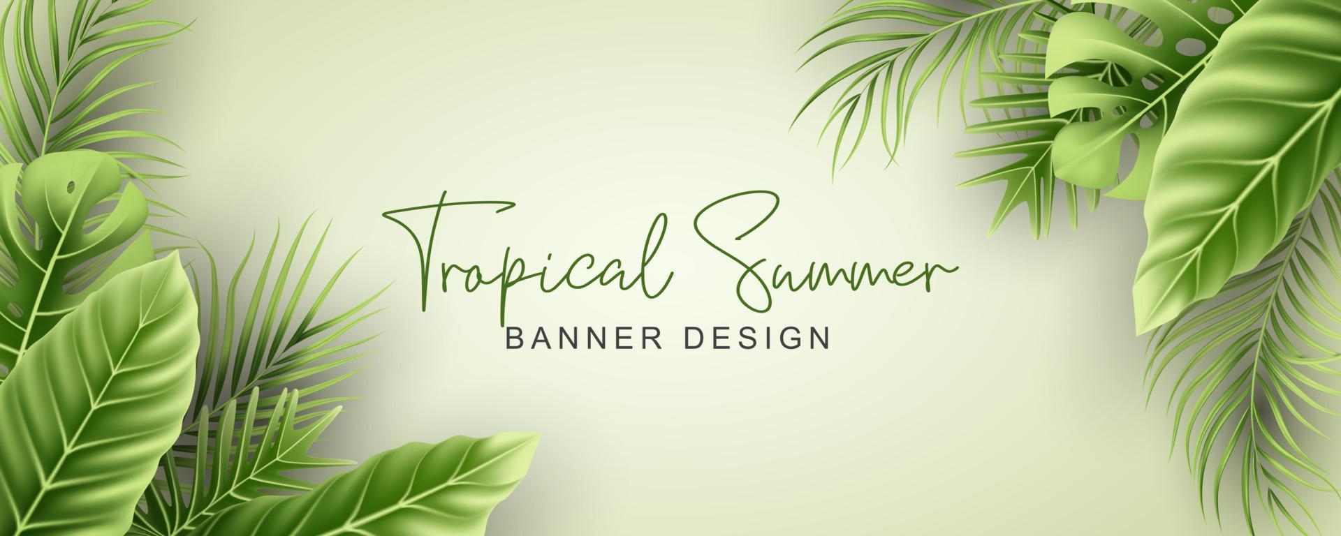 elegante banner de verano con hojas tropicales realistas vector