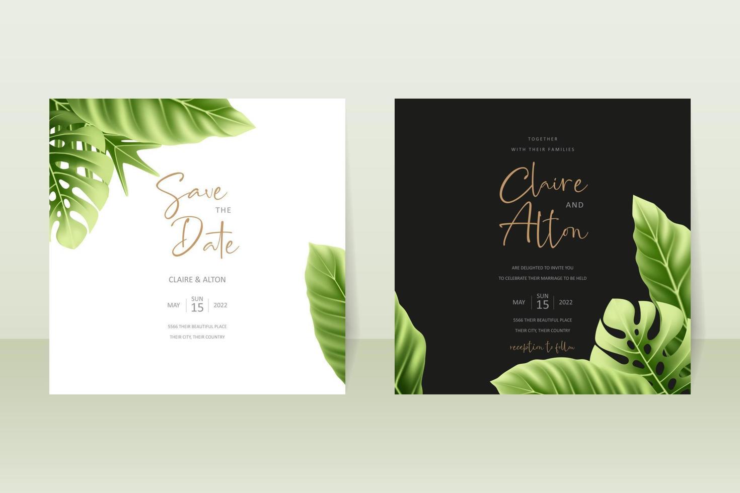 Wedding invitation concept with realistic tropical leaves vector