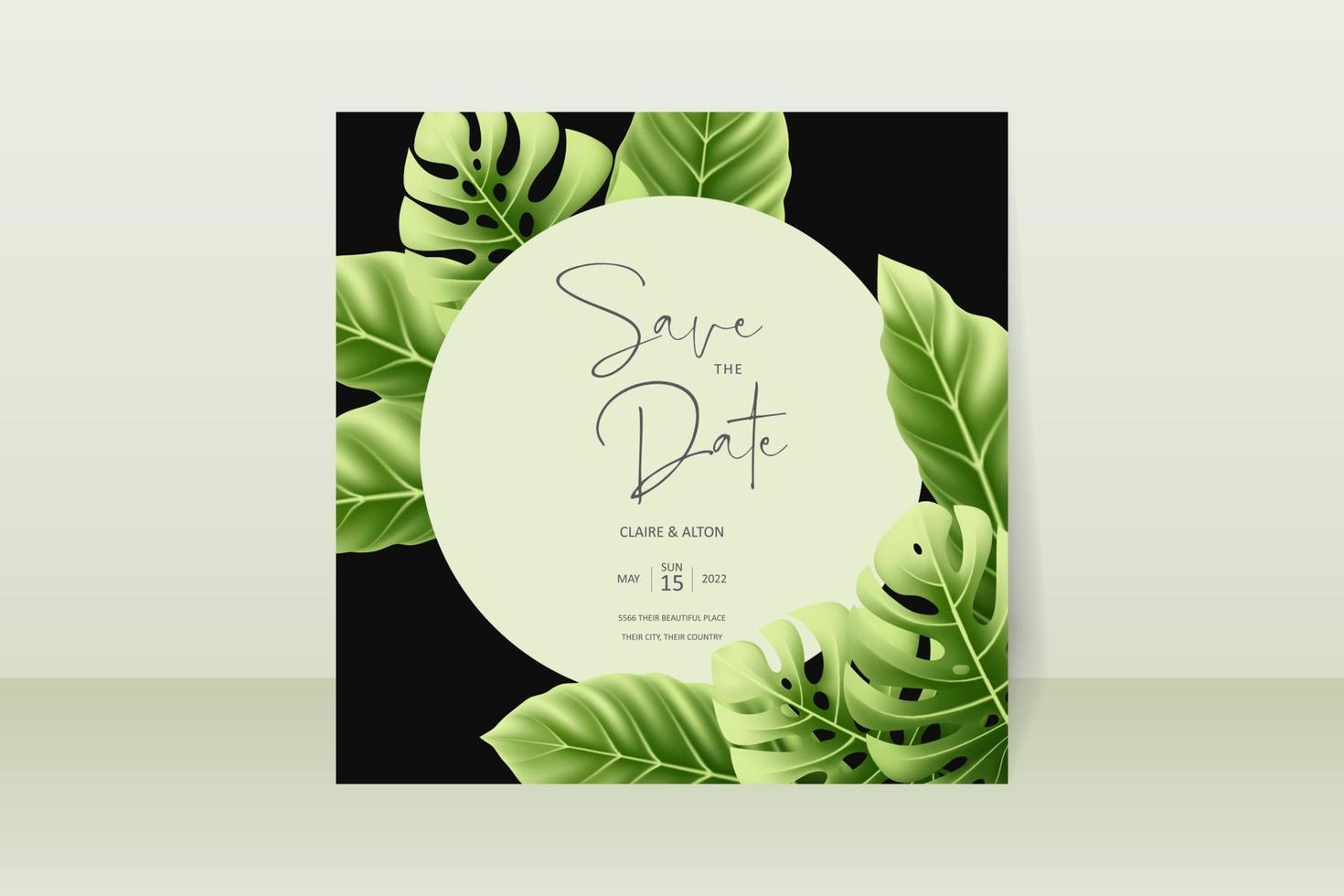 Wedding invitation template with realistic tropical summer leaves vector