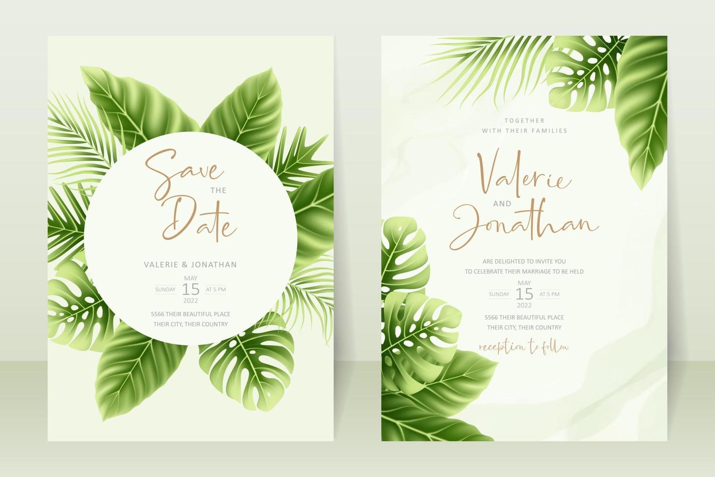 concepto de invitación de boda con hojas tropicales realistas vector