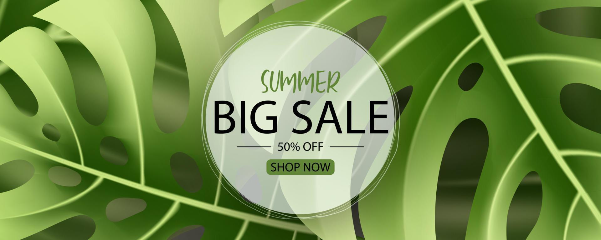 Summer sale banner design with tropical leaves background vector