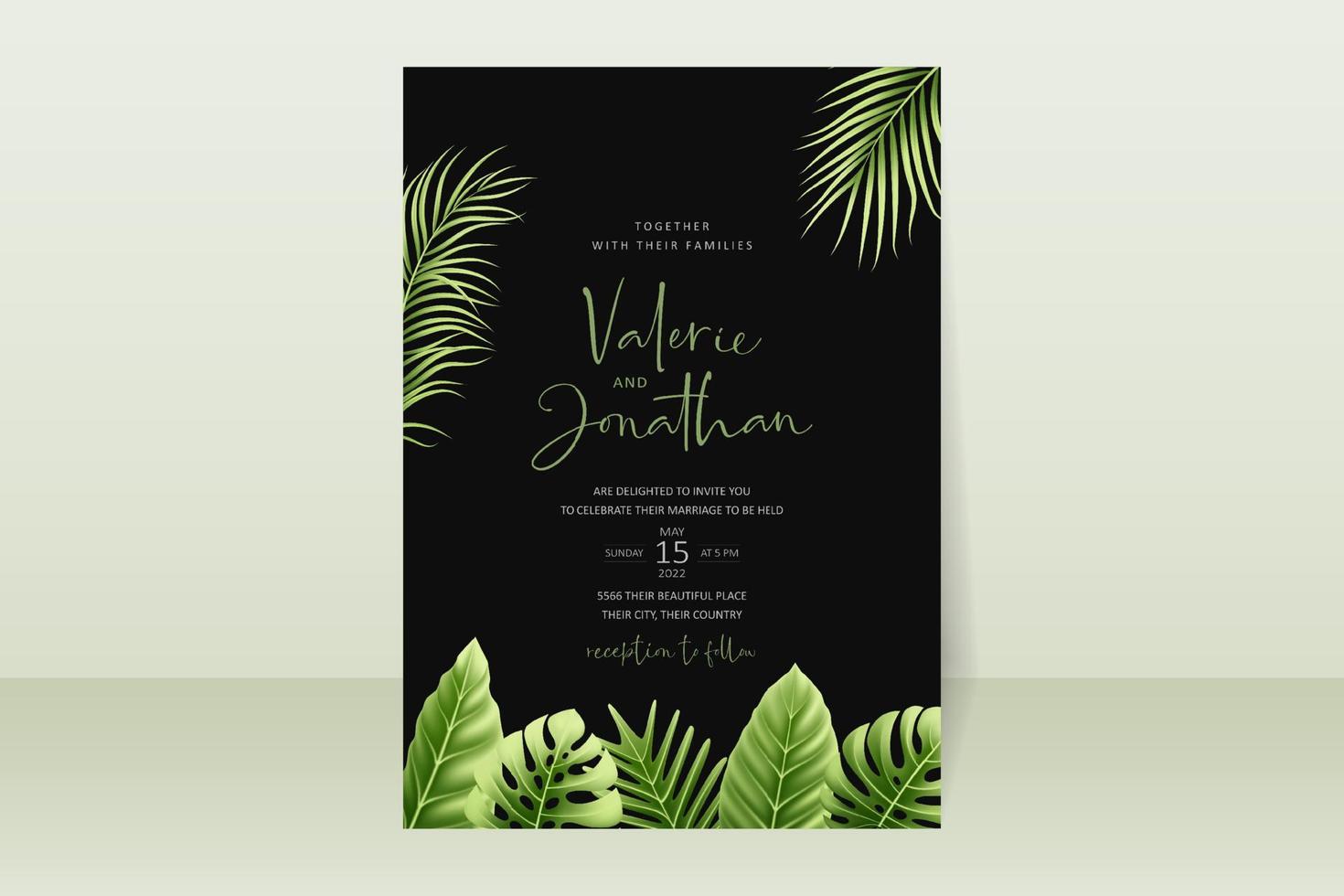 Wedding invitation template with realistic tropical summer leaves vector