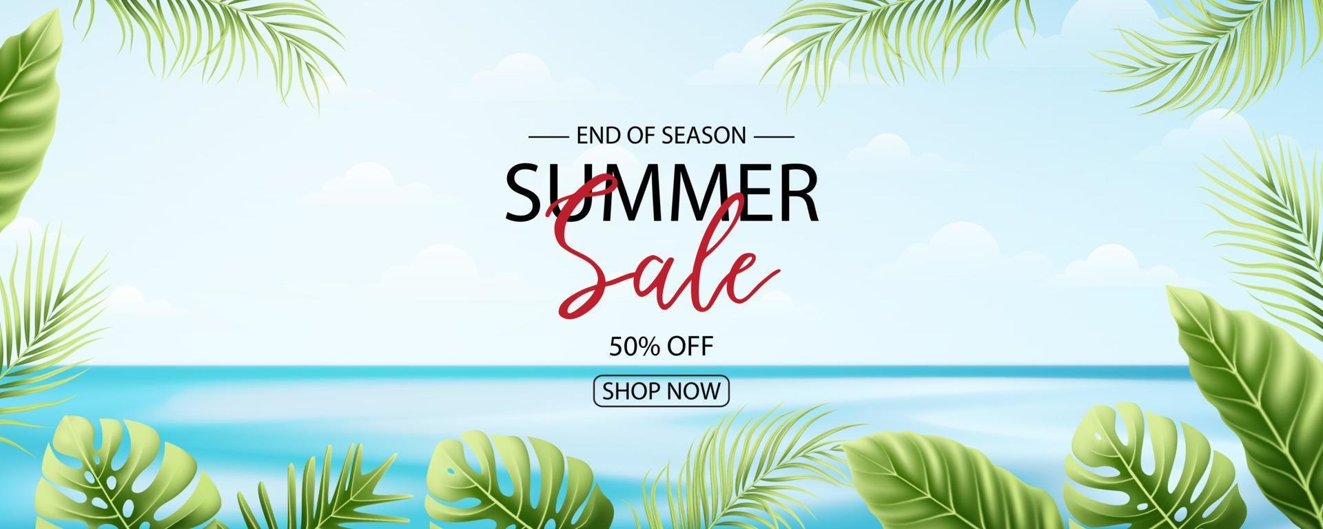 Summer sale banner design with tropical leaves background vector