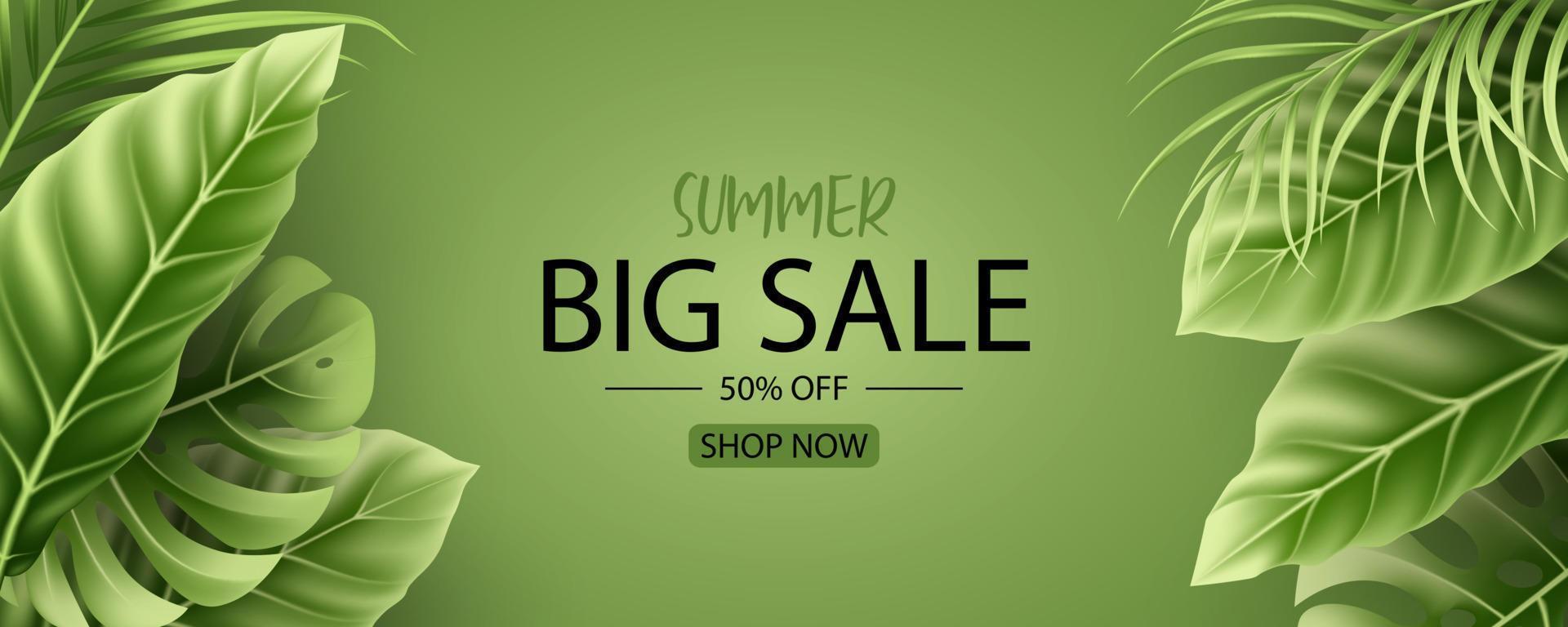 Summer sale banner design with tropical leaves background vector