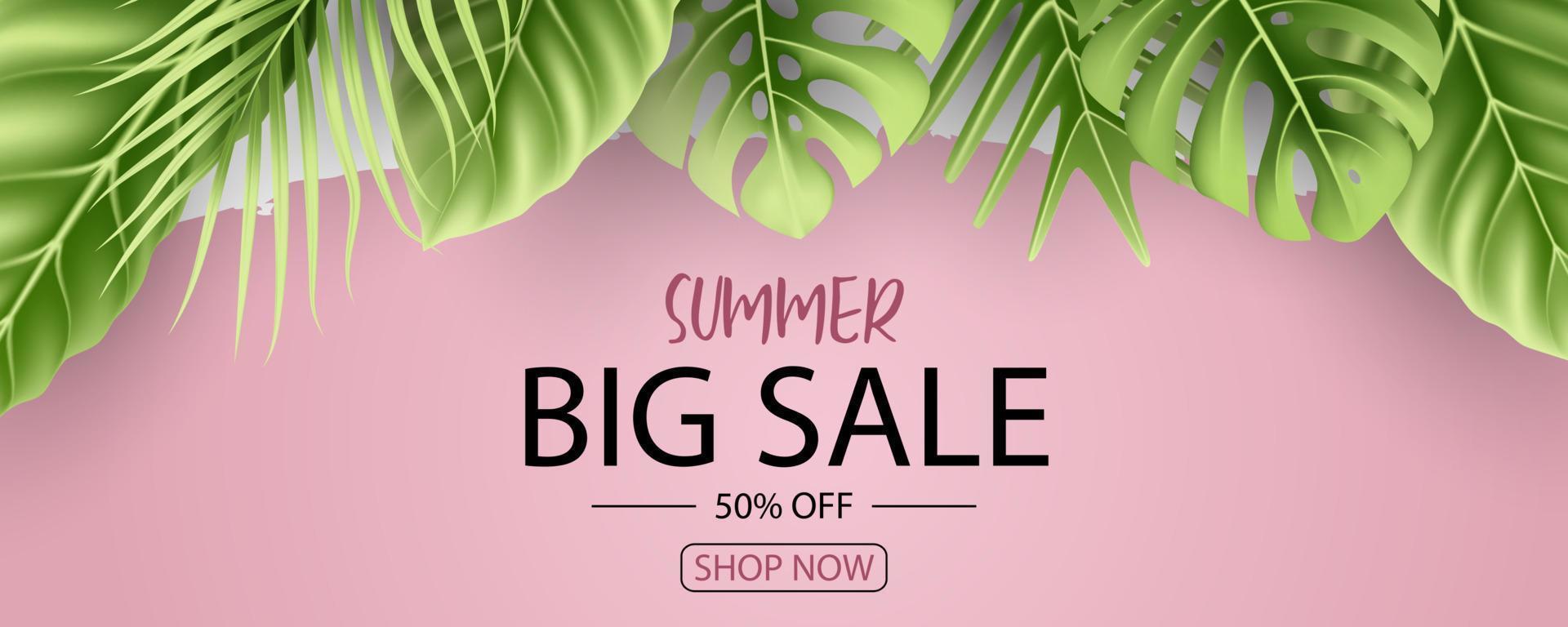 Summer sale banner design with tropical leaves background vector