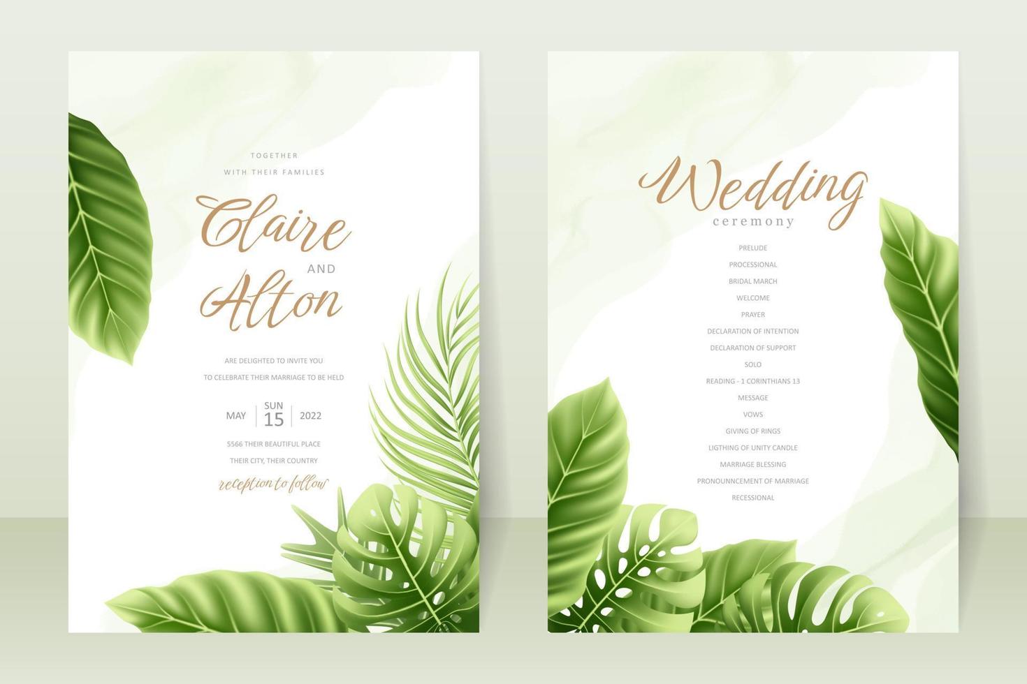 Wedding invitation concept with realistic tropical leaves vector