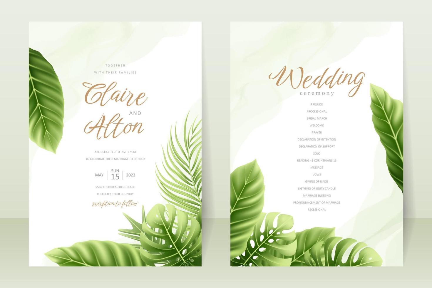 concepto de invitación de boda con hojas tropicales realistas vector